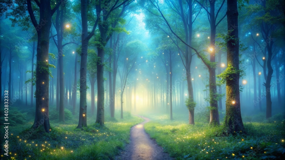 Fototapeta premium Enchanted Forest Path A Mystical Journey Through Glowing Trees and Firefly Lit Meadows
