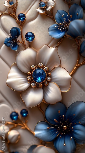 Elegant Blue & White Floral Phone Wallpaper 
 Gemstone Embellished Flowers with Gold Accents | Luxury Mobile Background in HD

