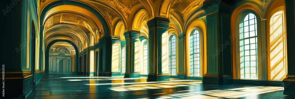 Interior view of a grand hall with columns arched ceiling and large windows.