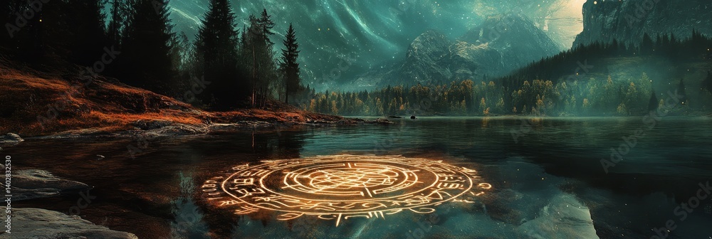 Lake reflects mountains and trees with a golden glowing object in foreground.