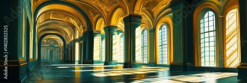 Obraz na płótnie Interior view of a grand hall with columns arched ceiling and large windows. w salonie