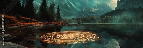 Obraz na płótnie Lake reflects mountains and trees with a golden glowing object in foreground. w salonie