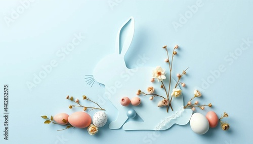 Modern artwork featuring a rabbit silhouette with Easter decorations on subtle blue. Elegant seasonal composition perfect for holiday themes, creative