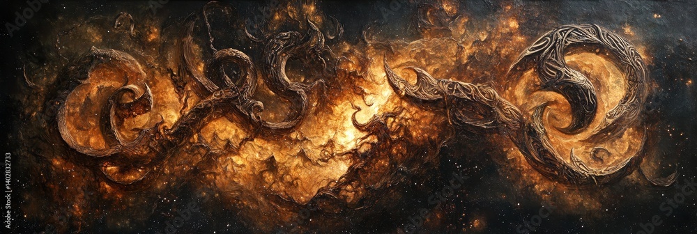 Abstract painting featuring swirling shapes in shades of brown orange and black.