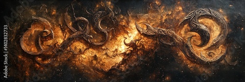 Obraz na płótnie Abstract painting featuring swirling shapes in shades of brown orange and black. w salonie