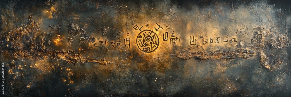 Abstract digital art with a central glowing circular element and dark background.