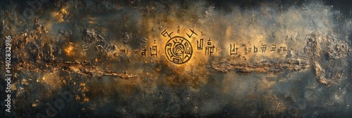 Abstract digital art with a central glowing circular element and dark background.