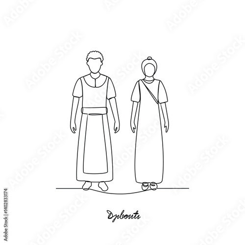 One continuous line drawing of Djibouti country couple clothes vector illustration. African traditional clothes concept in simple linear style. Fashion and beauty for educational and asset purpose