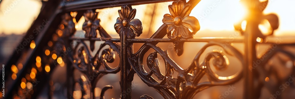 Ornate metal railing with blurred background and warm sunset or sunrise light.