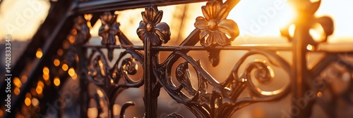 Obraz na płótnie Ornate metal railing with blurred background and warm sunset or sunrise light. w salonie