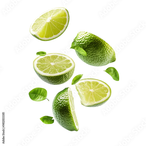 Lime fruit with half slices falling or floating png