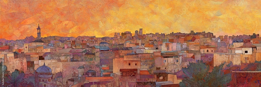 Cityscape with buildings and towers under a warm orange and yellow sky.