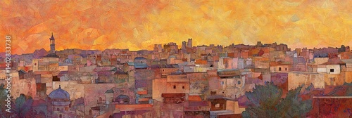 Obraz na płótnie Cityscape with buildings and towers under a warm orange and yellow sky. w salonie