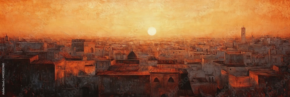 Cityscape at sunset with buildings silhouetted against a bright orange sky.