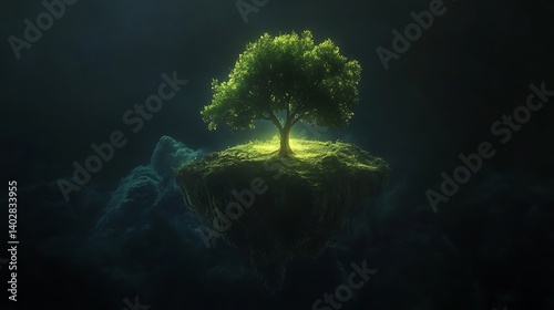 A mysterious floating island with a single luminous tree in absolute blackness