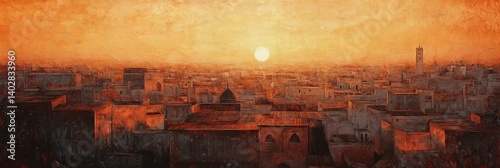 Cityscape at sunset with buildings silhouetted against a bright orange sky.