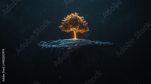 A mysterious floating island with a single luminous tree in absolute blackness