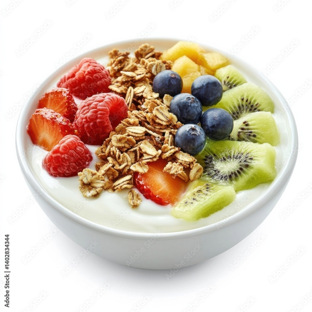 A smooth creamy bowl of yogurt topped with fresh fruit and granola, isolated white background, hyperrealism art style A smooth creamy bowl of yogurt topped with fresh fruit and granola, isolated white background, hyperrealism art style