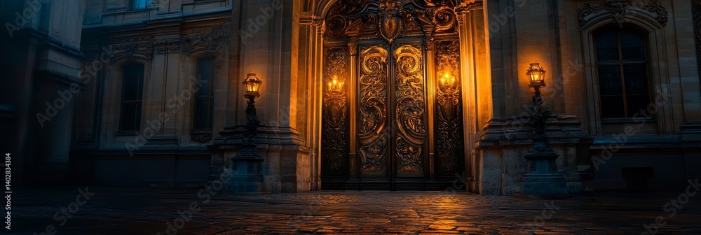 Ornate building facade with glowing doors and wet pavement reflects light.