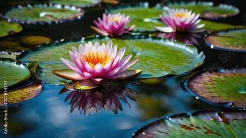 Water lily leaves with bright, surreal colors in the pond