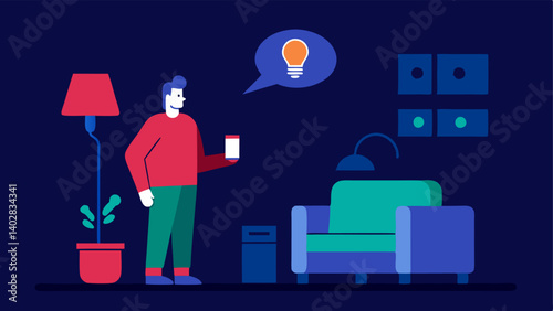 Smart Lighting Control A person is sitting comfortably in a living room speaking to a voice assistant to dim the lights. A light bulb icon dims in response to their command.