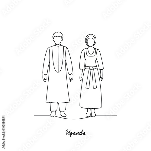 One continuous line drawing of Uganda country couple clothes vector illustration. African traditional clothes concept in simple linear style. Fashion and beauty for educational and asset purpose