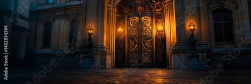 Obraz na płótnie Ornate building facade with glowing doors and wet pavement reflects light. w salonie
