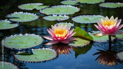 Water lily leaves with bright, surreal colors in the pond