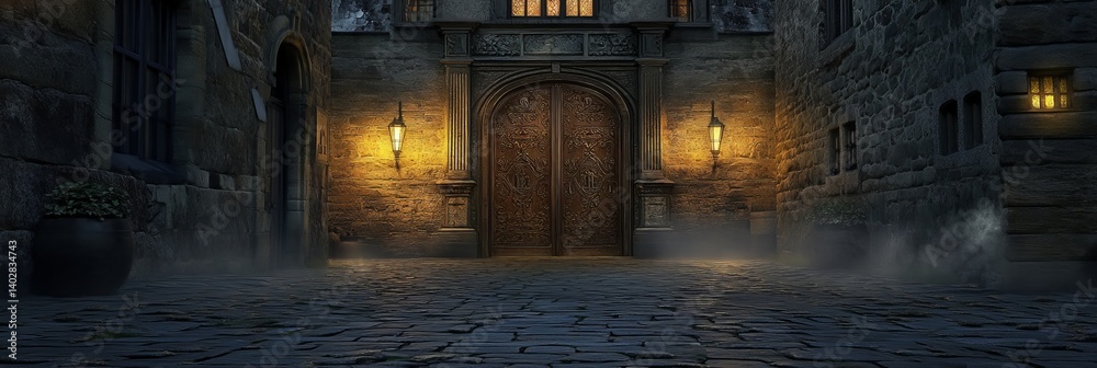 Dark building facade with closed wooden doors and two glowing lanterns.