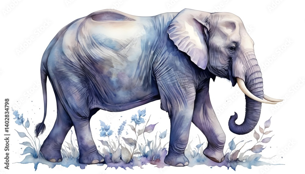 Fototapeta premium Majestic Watercolor Elephant with Blue Flowers
