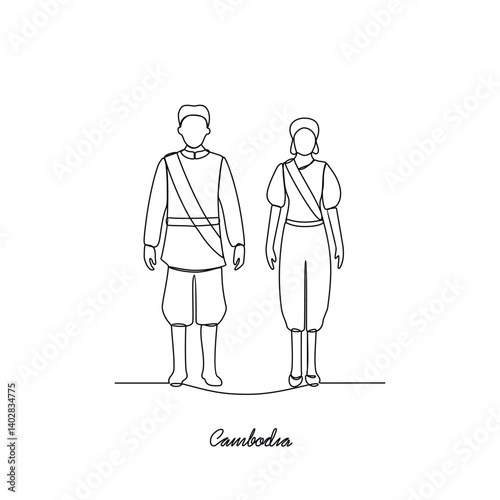 One continuous line drawing of Cambodia country couple clothes vector illustration. Asian traditional clothes concept in simple linear style. Fashion and beauty for educational and asset purpose