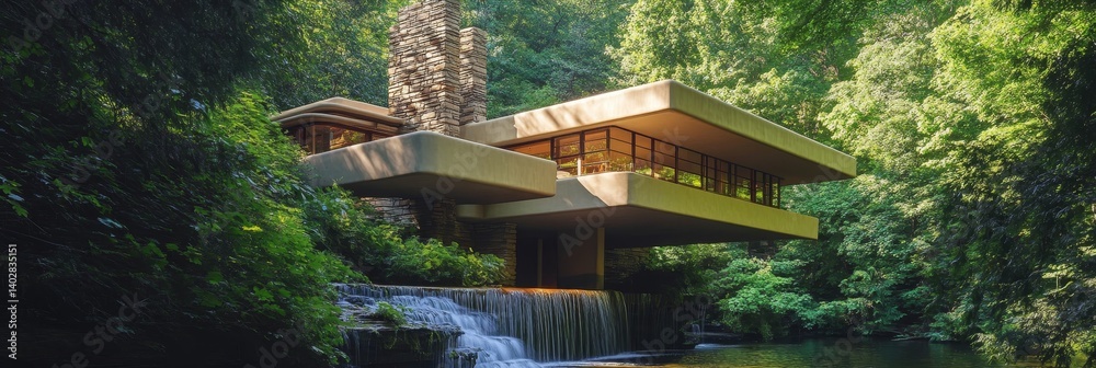 House built over a waterfall surrounded by green trees in a forest.