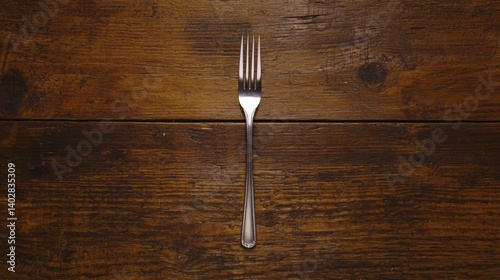 A fork on a wooden table.