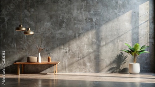 Sunlit Minimalist Interior Design with Concrete Wall and Wooden Bench