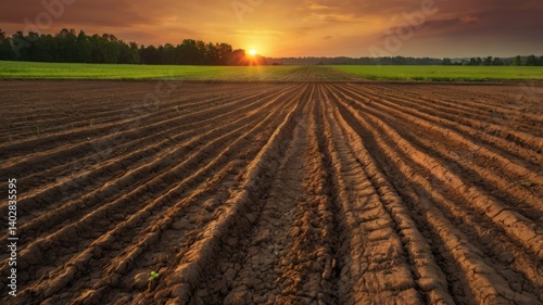 Surreal sunset over a plowed farm field with colorful sky