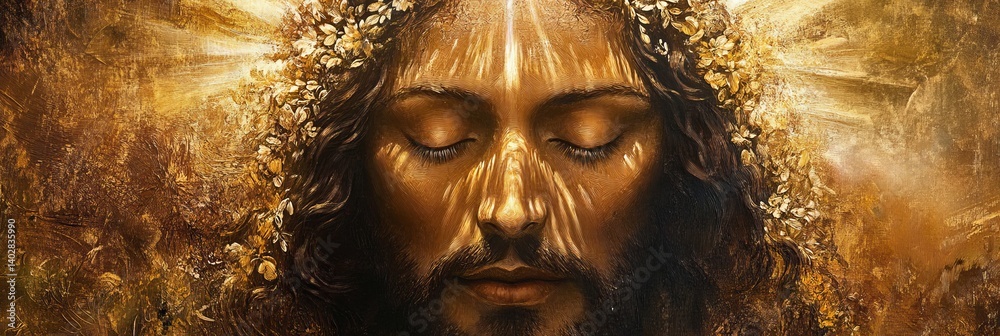 A golden portrait of a man with long hair and closed eyes.