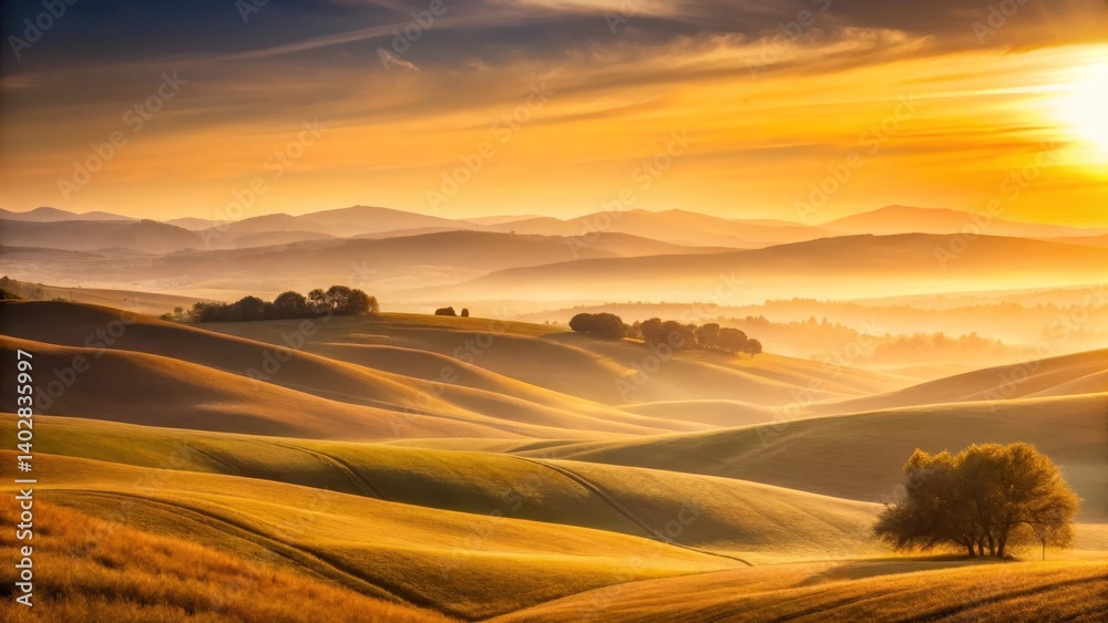 Obraz premium Golden Hour Serenity Rolling Hills bathed in the warm glow of sunrise, a tranquil landscape of gentle slopes and solitary trees, painting a picturesque scene of idyllic countryside charm.