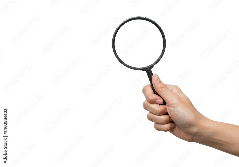 Hand holding a magnifier up isolated on white background Hand holding a magnifier up isolated on white background