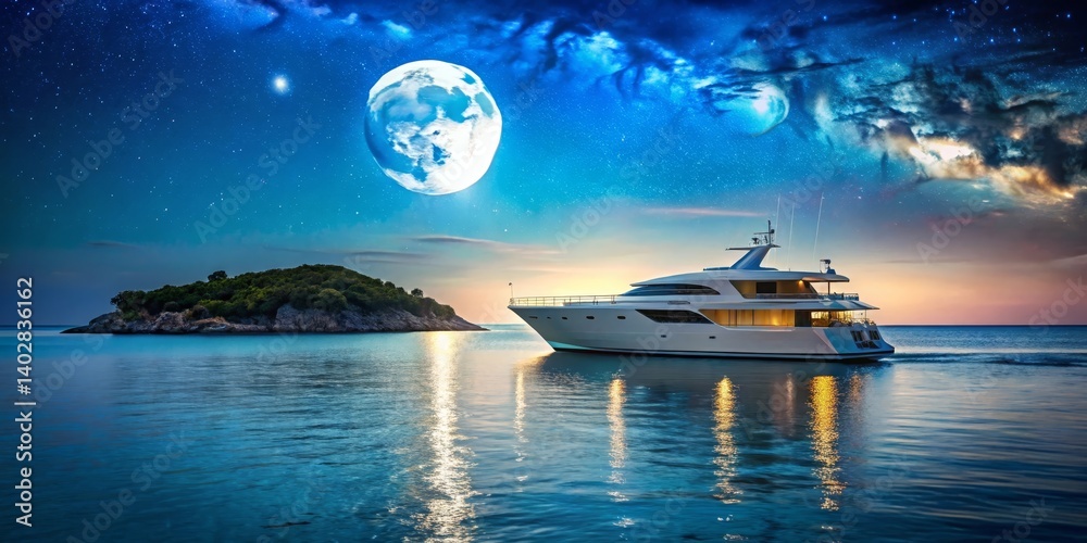 Naklejka premium Serene Yacht Cruise Under a Celestial Night Sky with a Luminous Orb