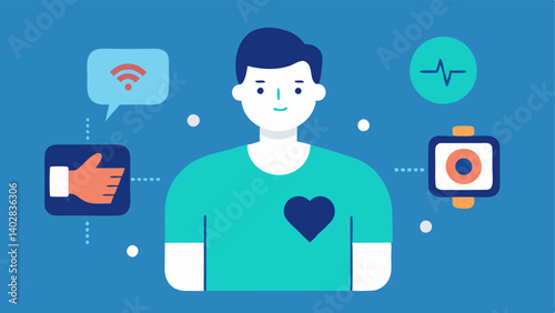 Personal Health Monitoring A patient wearing a smarch that displays realtime health metrics such as heart rate and energy levels with visual elements representing positive changes