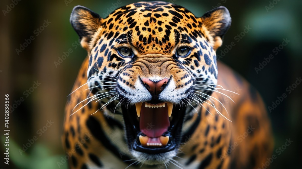 Obraz premium A fierce jaguar's intense face, showcasing powerful features.
