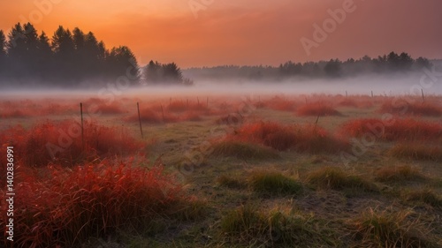 Surreal red fog on a field with orange morning light