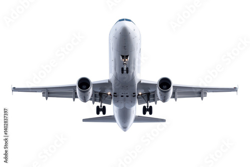 Modern passenger plane hovering in the sky with landing gear extended, bottom view on transparent background