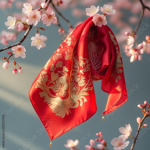 Vibrant Embroidered Fabric with Floral Patterns on Smooth Silk glowing golden light enhancing its beauty and texture