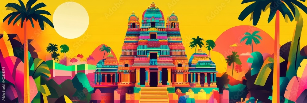 Colorful illustration shows a building with palm trees and a bright yellow background.