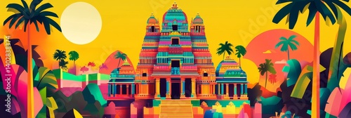 Colorful illustration shows a building with palm trees and a bright yellow background.