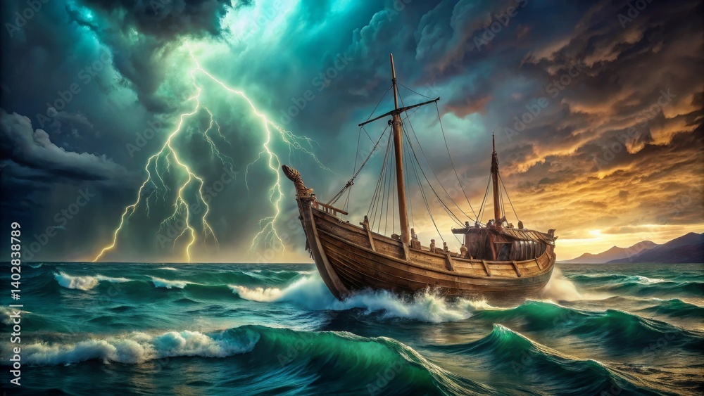 Obraz premium Ancient Wooden Vessel Braving a Tempestuous Sea Under a Dramatic Sky with Vivid Lightning Strikes