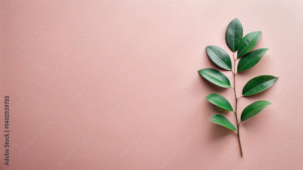 Serene sprig of vibrant green leaves elegantly arranged against a soft blush pink backdrop, creating a minimalist botanical composition ideal for design inspiration Serene sprig of vibrant green leaves elegantly arranged against a soft blush pink backdrop, creating a minimalist botanical composition ideal for design inspiration