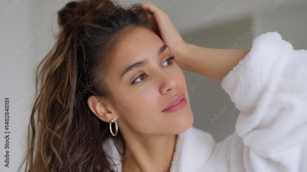 Fototapeta premium Creative woman experimenting with high bun hairstyle, Latina beauty trying new look with natural curls at home vanity, Latina beauty, curly hair styling, high bun hairstyle, morning routine, bathroom 