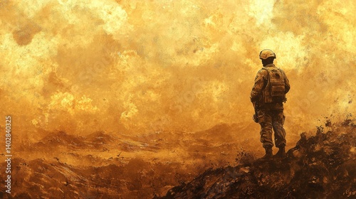 Obraz na płótnie Sepia toned soldier watches over barren landscape warm golden highlights depict strength courage and hope in the face of adversity post war recovery depicted w salonie